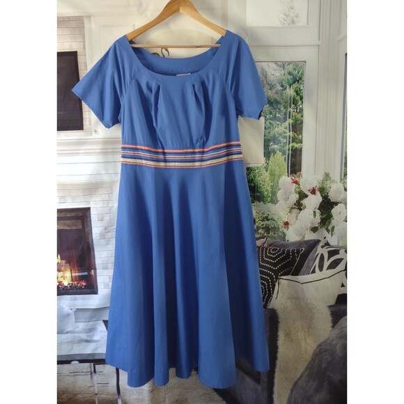 eShakti Dress Midi Size 1X 16W Embroidery Cotton Boho Peasant Hippie Office Blue - Picture 3 of 11